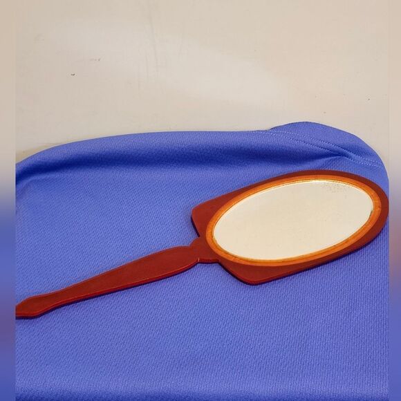 Vintage VG 1930s/1940s Orange Marblized Celluloid/Bakelite Hand Mirror 12” Long - Picture 2 of 5